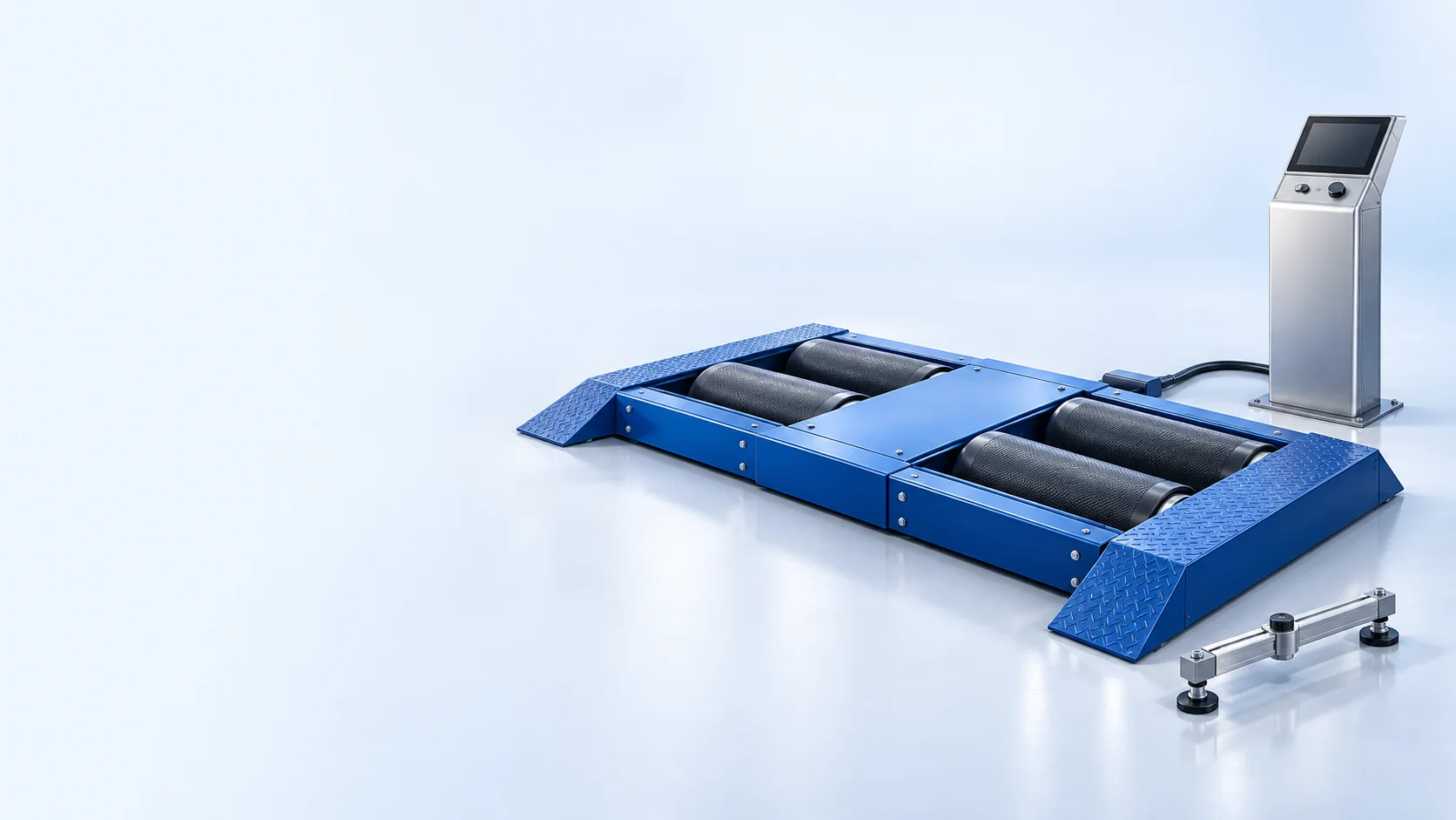 Ilustrasi konseptual roller brake tester biru, controller, dan perlengkapan kalibrasi