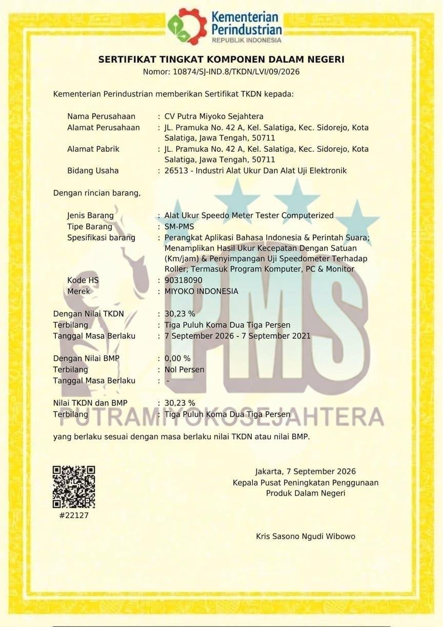 Sertifikat TKDN Alat Uji Penunjuk Kecepatan 15 Ton nomor 10874/SJ-IND.8/TKDN/LVI/09/2026